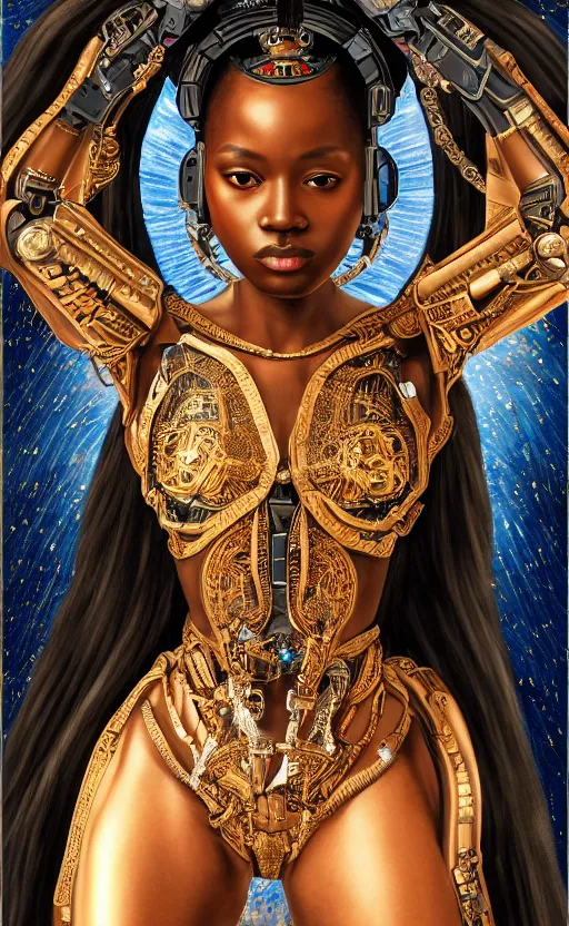 Image similar to beautiful young cyborg queen, beautiful ebony skin, piercing glowing eyes, elegant, striking composition, ornate royal gown, highly detailed ornate sci fi background, mural in the style of sandro botticelli, caravaggio, albrecth durer, 8k