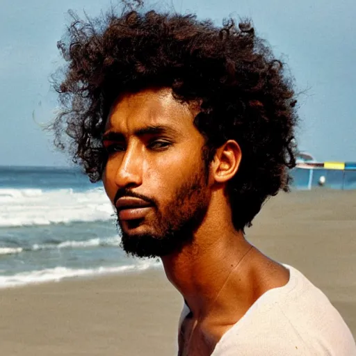 Image similar to somali male, curly hair, portrait, vintage, water, on beach, nostalgic, nature, dreamy, pastel, studio ghibli, thoughtful, wise, intricate details, shot in 1 9 8 0 s