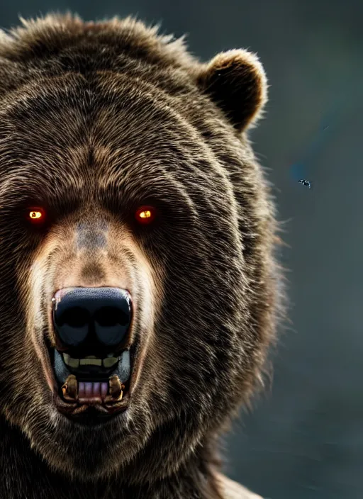 Image similar to portrait of a bear werewolf, brown and grey hair, golden eyes with a paw scar on his right cheek, dim volumetric lighting, 8k octane beautifully detailed render, post-processing, extremely hyperdetailed, intricate, epic composition, grim yet sparkling atmosphere, cinematic lighting + masterpiece, trending on artstation