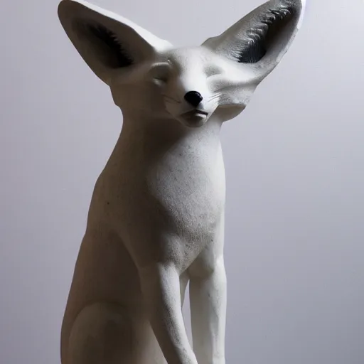 Image similar to close - up museum photo of an ancient white marble statue of a fox in a hoodie, greece, studio lighting, professional, promo,