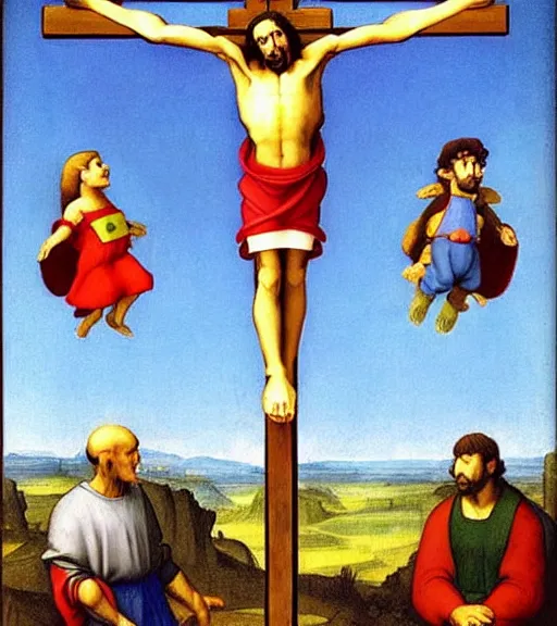 Prompt: mond crucifixion by raphael with mario!!!!!! and luigi!!!!!, nintendo
