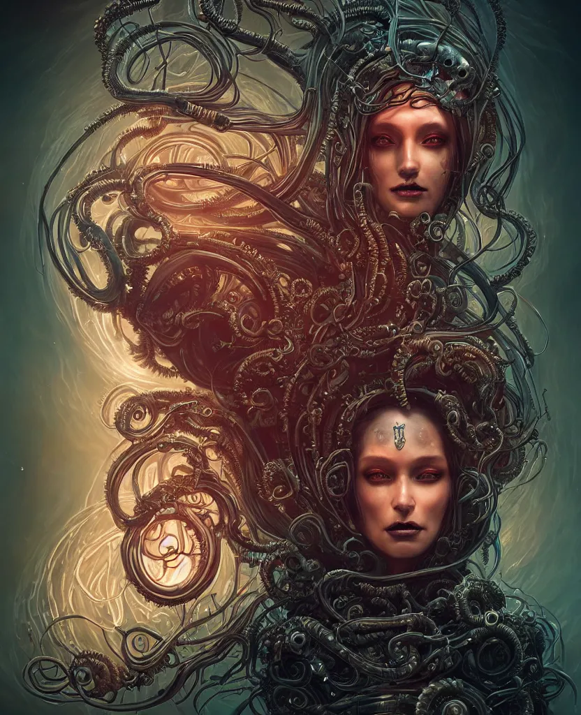 Image similar to queen of death. intricate portrait, occult cyberpunk, ancient futuristic, dark art, occult. intricate biomechanical, bioluminescent halo, cybernetic jellyfish, tentacles, by Petros Afshar, by artgerm, by Eddie Mendoza, by Peter mohrbacher by tooth wu, unreal engine, octane render, cinematic light, high details, iridescent colors