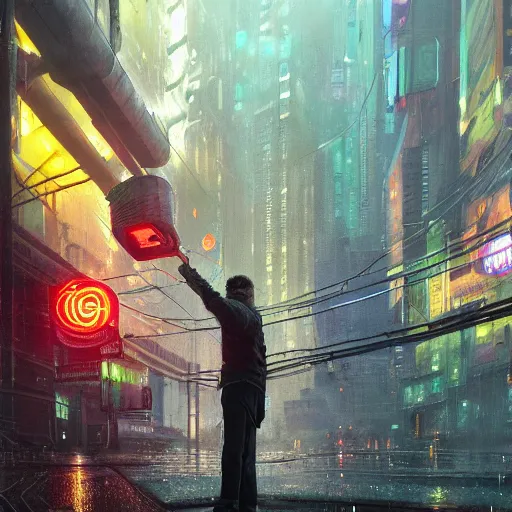 Image similar to man watering plant near the crowded street of a cyberpunk city, rain, harsh neon lights, highly detailed, digital painting, trending on artstation, concept art, sharp focus, illustration, art by artgerm and greg rutkowski and magali villeneuve