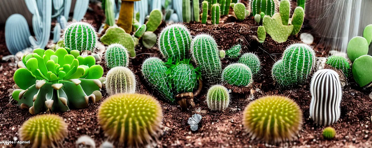 Image similar to mushroom-shaped electrostatic water condensation collector tower, irrigation, vertical gardens, cacti, in the desert, XF IQ4, 150MP, 50mm, F1.4, ISO 200, 1/160s, natural light