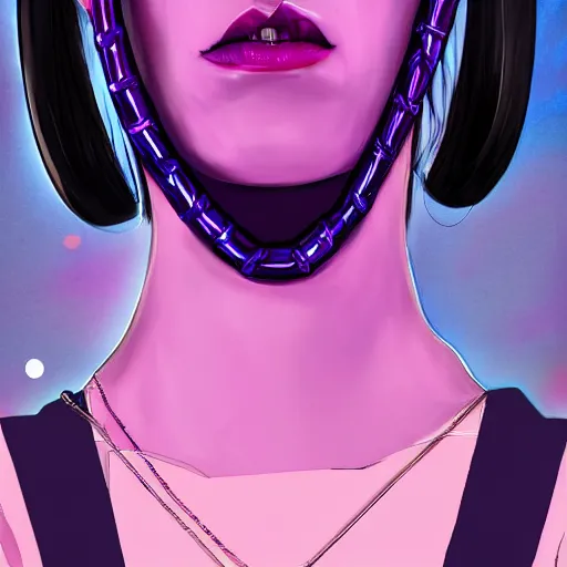 Prompt: a digital artwork of woman wearing technological large steel collar, choker on neck, purple cyberpunk art style, 4K, portrait, punk hairstyle,