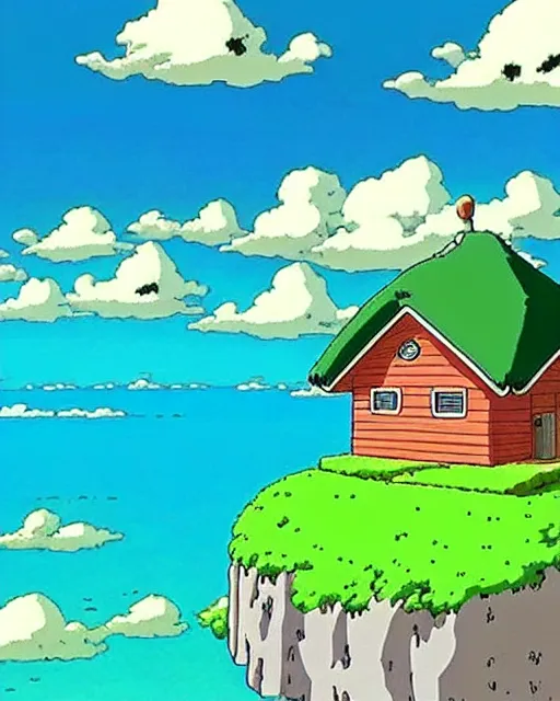 Prompt: kame house is a house on a very small island in the middle of the sea. it is the home of master roshi, and, for much of the dragon ball series, award winning animation by studio ghibli