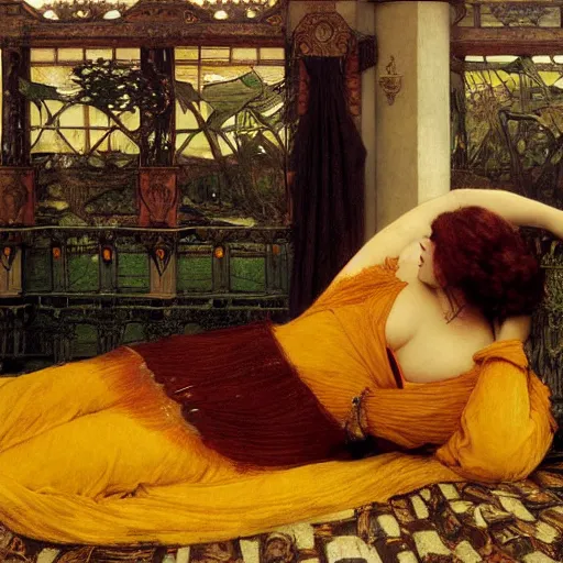 Image similar to preraphaelite photography reclining on bed, a hybrid of a hybrid of judy garland and lady gaga and a hybrid of anne hathaway and liza minelli, aged 2 5, big brown fringe, wide shot, yellow ochre ornate medieval dress, john william waterhouse, kilian eng, rosetti, john everett millais, william holman hunt, william morris, 4 k