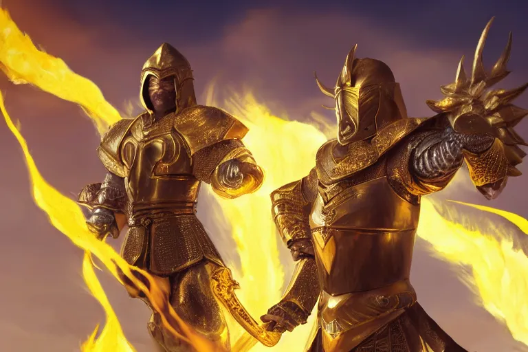 Image similar to an ultra detailed picture of saladin as a funko pop, wearing bright gold armor and holding huge flaming longsword blessed by god, epic anime fantasy, 8 k, volumetric lighting, smooth, highly detailed, digital illustration, art by kentaro miura and akira toriyama and albert bierstadt and greg rutkowsi, artstation