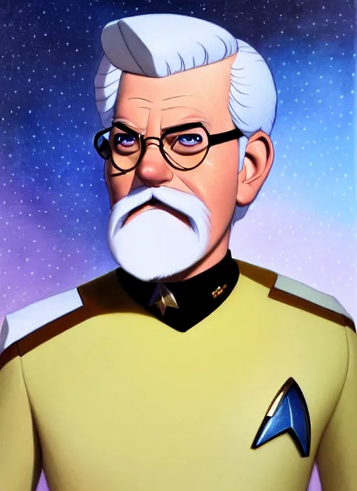 Image similar to cute star trek officer colonel sanders, natural lighting, path traced, highly detailed, high quality, digital painting, by don bluth and ross tran and studio ghibli and alphonse mucha, artgerm