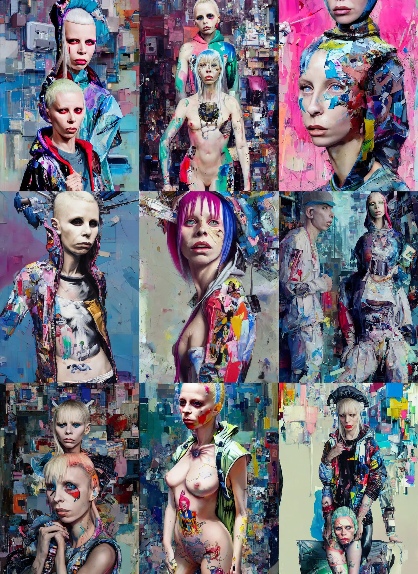 Prompt: music video still of 2 5 year old yolandi visser in style of martine johanna and donato giancola, wearing hoodie, standing in township street, street fashion outfit,!! haute couture!!, full figure painting by john berkey, david choe, ismail inceoglu, detailed impasto, 2 4 mm