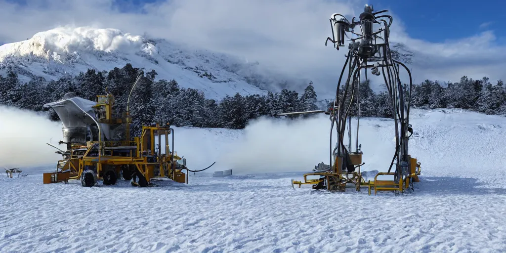 Prompt: snowmaking machine, snowy mountains at background, realistic, 8 k