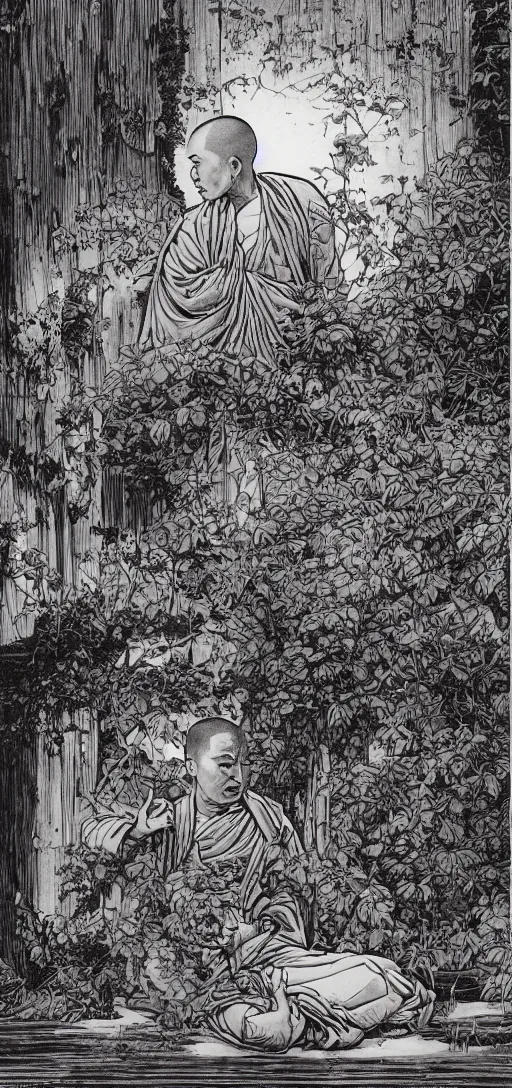 Prompt: Serente Buddhist Monk experiencing ego death | red roses | 19th century wood-engraving , whole page illustration , rule of third, art in the style of greg rutkowski and thomas kinkade and Larry Elmore