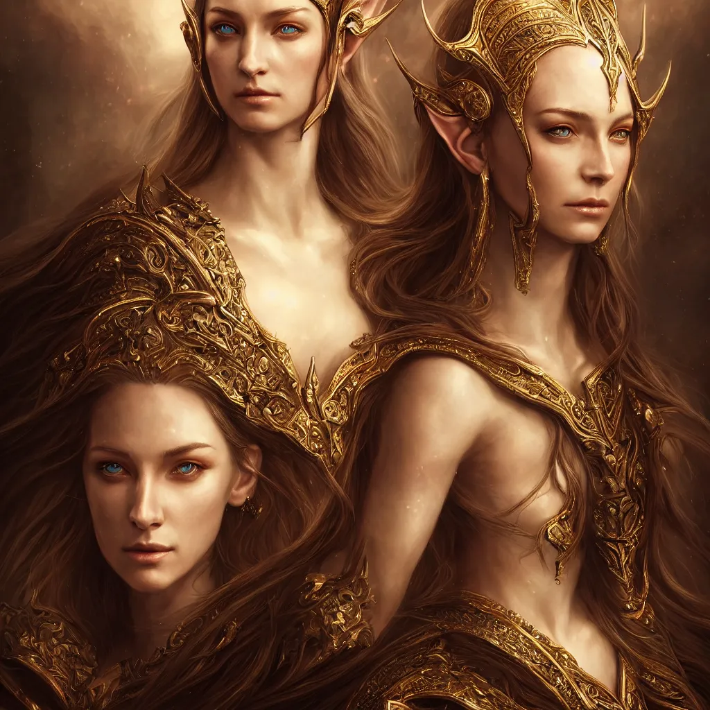 Image similar to Majestic and regal portrait of a riveting and awe inspiring female High Elf nobility, intricate, epic, elegant, menacing, fantasy, photo realistic, digital painting, hard focus, beautiful volumetric lighting, epic light, ultra detailed, by Leesha Hannigan, Ross Tran, Thierry Doizon, Kai Carpenter, Ignacio Fernández Ríos