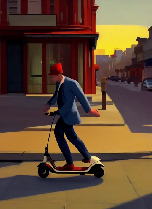 Image similar to A man rolling into the sunset on an electric scooter in a small town setting by Edward Hopper and James Gilleard, 8k, octane render, ultra sharp, detailed digital art