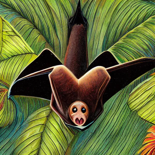 Image similar to neotropical fruit bat, digital art, high quality, illustration, museum, oil painting, sticker,