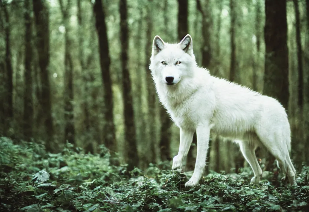 Prompt: lomo photo of a white wolf in a dense forest, cinestill, bokeh, out of focus