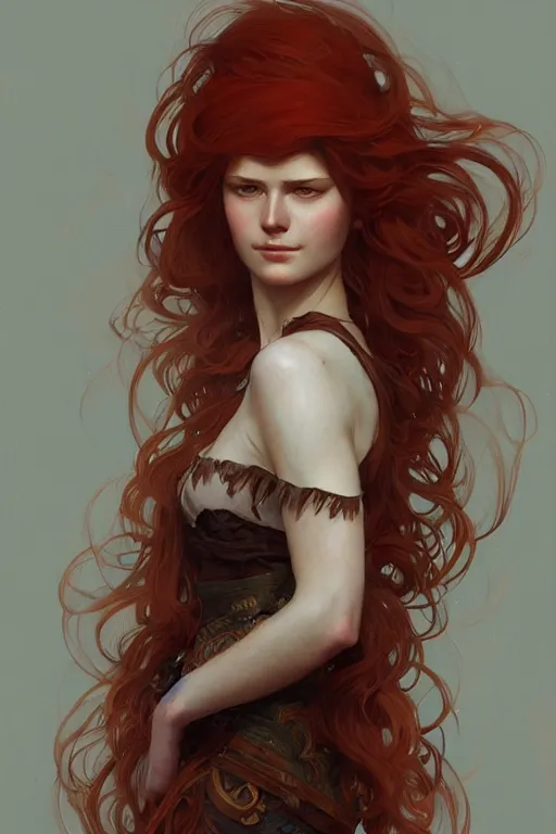Prompt: A full portrait of Nordic female, brown red long hair, intricate, elegant, highly detailed, digital painting, artstation, concept art, smooth, sharp focus, illustration, art by Krenz Cushart and Artem Demura and alphonse mucha