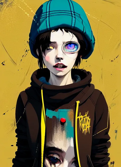 Image similar to highly detailed portrait of a sewer punk lady student, blue eyes, tartan hoody, hat, white hair by atey ghailan, by greg rutkowski, by greg tocchini, by james gilleard, by joe fenton, by kaethe butcher, gradient yellow, black, brown and cyan color scheme, grunge aesthetic!!! ( ( graffiti tag wall background ) )