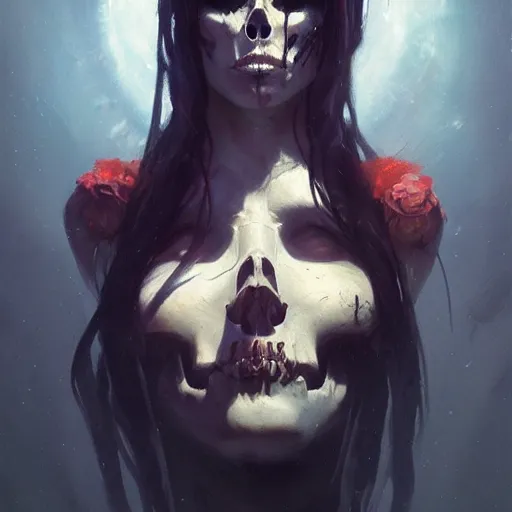 Prompt: a beautiful portrait of death goddess by Greg Rutkowski and Raymond Swanland, skulls in the background, Trending on Artstation, ultra realistic digital art
