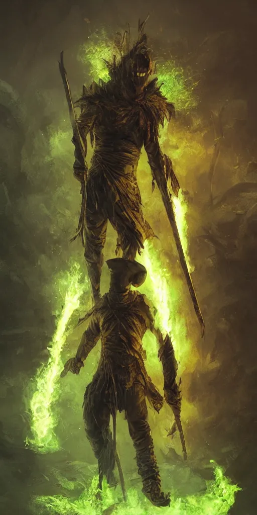 Image similar to a man with a missing an arm holding a spear made entirely of green fire wearing a leather cloak fighting a bad guy made of black smoke, dramatic lighting, cinematic, establishing shot, extremely high detail, photo realistic, cinematic lighting, post processed, concept art, artstation, matte painting, style by eddie mendoza, raphael lacoste, alex ross