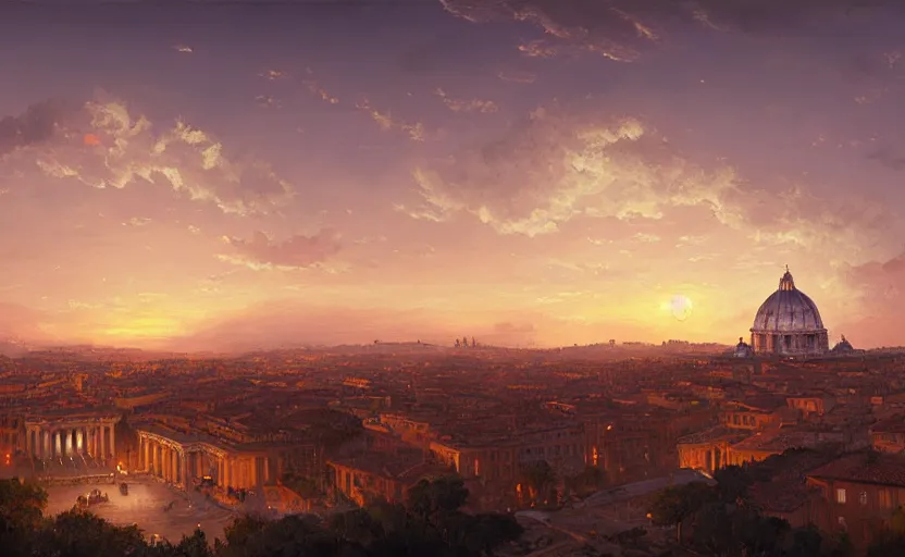 Image similar to painting of skyline of rome at sunset, natural light, concept art, by greg rutkowski, cozy atmospheric and cinematic lighting