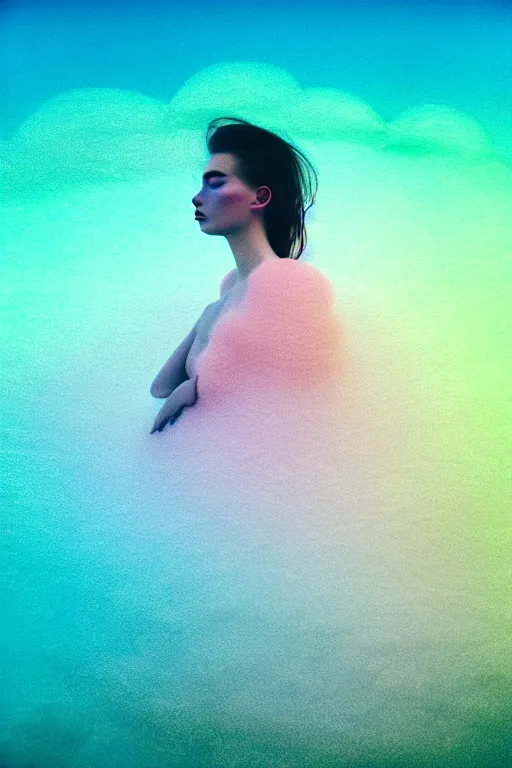 Image similar to high quality pastel coloured film close up wide angle photograph of a model wearing clothing swimming on cloud furniture in a icelandic black rock!! environment in a partially haze filled dreamstate world. three point light, rainbow. photographic production. art directed. pastel colours. volumetric clouds. pastel gradient overlay. waves glitch artefacts. extreme facial clarity. 8 k. filmic.