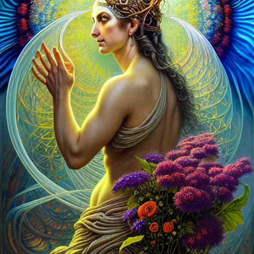 Image similar to A beautiful detailed orixa, tarot card, by tomasz alen kopera and Justin Gerard and a bouquet of ethereal big colorful transparent entangled flowers on the background, direct sunlight, glowing, vivid, detailed painting, Houdini algorhitmic pattern, by Ross Tran, WLOP, artgerm and James Jean, masterpiece, award winning painting