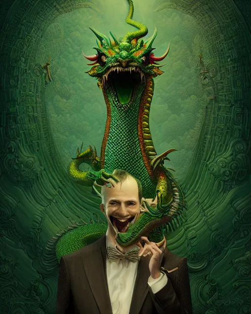 Image similar to anthropomorphic art of a businessman dragon, green dragon, dragon head, portrait, victorian inspired clothing by artgerm, victo ngai, ryohei hase, artstation. fractal papers and books. highly detailed digital painting, smooth, global illumination, fantasy art by greg rutkowsky, karl spitzweg