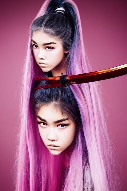 Prompt: highly detailed beautiful photo of madison beer as a young female samurai, practising her sword staces, symmetrical face, beautiful eyes, pink hair, realistic, 8 k, award winning photo, pastels colours, action photography, 1 / 1 2 5 shutter speed, sunrise lighting