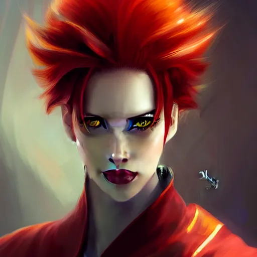 Prompt: portrait of hisoka hunter hunter, male, thin thin lips, sharp jaw yellow eyes narrow sultry eyes red hair soft hair swept back crimson medium length hair, anime, fantasy, intricate, elegant, highly detailed, digital painting, artstation sharp focus, hunterpedia madonna art by artgerm and ruan jia and ross tran