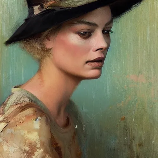 Prompt: happy very thick paint brush strokes paint texture full body fashion model very worn out very rusty margot robbie by Jeremy Lipking by Hasui Kawase by Richard Schmid (((smokey eyes makeup eye shadow fantasy, glow, shimmer as victorian woman in a long white frilly lace dress and a large white hat having tea in a sunroom filled with flowers, roses and lush fern flowers ,intricate, night, highly detailed, dramatic lighting))) , high quality