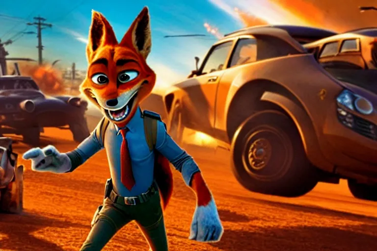 Image similar to nick wilde ( from zootopia ), heavily armed and armored facing down armageddon in a dark and gritty reboot from the makers of mad max : fury road