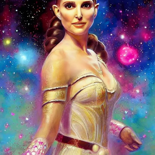 Prompt: a beautiful painting of a ornate highly detailed natalie portman as princess leia, nebulas in the background