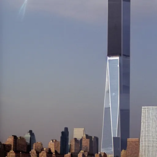 Image similar to UFO crashing into World trade center