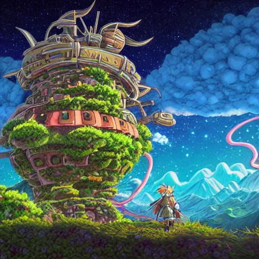 Image similar to photorealistic beautiful world of chrono trigger in the style of studio ghibli and tim white. hyperdetailed photorealism, 1 0 8 megapixels, amazing depth, glowing rich colors, powerful imagery, psychedelic overtones, 3 d finalrender, 3 d shading, cinematic lighting, artstation concept art