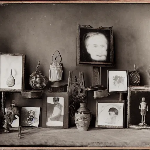 Image similar to Tintype photograph of objects displayed in an ethnographic museum, primitive display, anthropology of wonder, in the style of Marcel Duchamp, found objects, ready-made, 1920s studio lighting.