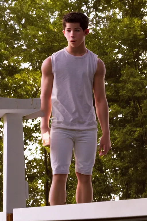 Image similar to close up still shot of young nick jonas standing on the diving board, 3 5 mm, highly detailed, disney channel original movie camp rock, dynamic lighting