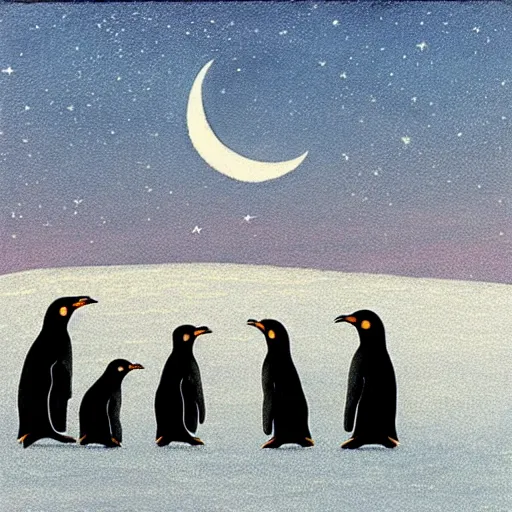 Prompt: four penguins, moon, grassland, starry sky, sea ,artwork by Quint Buchholz .