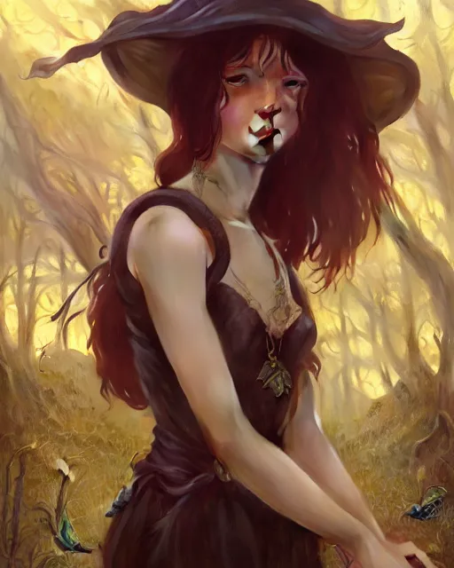 Image similar to highly detailed vfx - portrait of a witch, wonderful eyes, unreal engine, greg rutkowski, only, once, people, makoto shinkai and lois van baerle, ilya kuvshinov, rossdraws, tom bagshaw, alphonse mucha, global lighting, detailed and complex environment