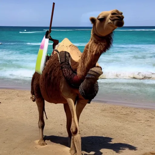 Prompt: a camel smoking a bong on a surfboard