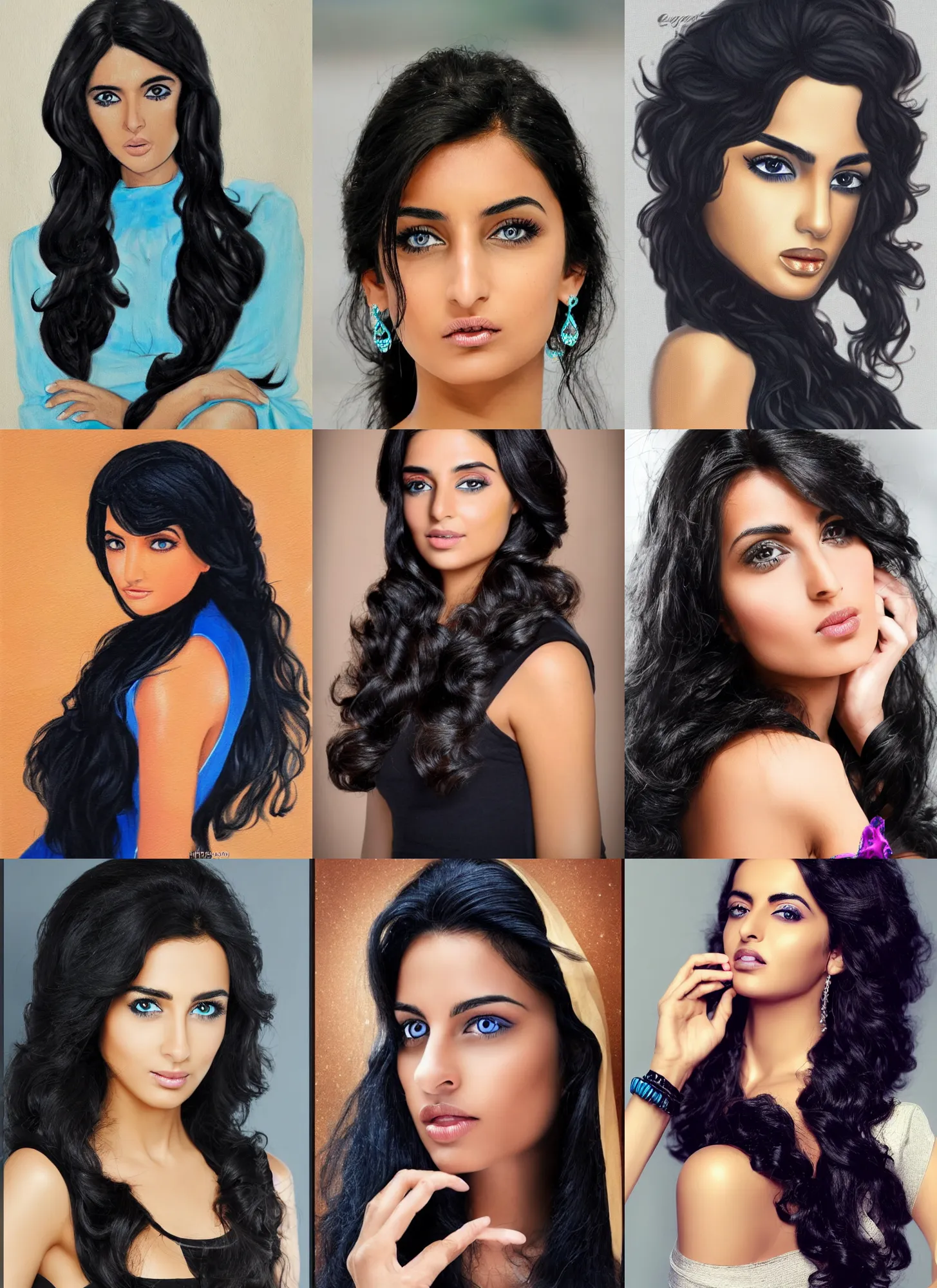 Prompt: tanned ameera al taweel, blue eyes, wavy black hair, confident beautiful by eugene emmanuel amaury duval