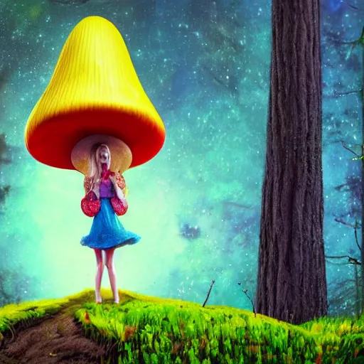 Prompt: Portrait of a thin girl in full height, elegant pose, a huge toadstool hat on her head, large eyes without a pupil ,he girl is standing on the edge of the forest, surrounded by colorful sparkling moss