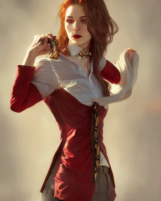 Image similar to female vampire, gold waistcoat, red shirt, grey hair, red necktie, cinematic, stunning, highly detailed, digital painting, artstation, smooth, hard focus, full body shot, illustration, art by artgerm and greg rutkowski and alphonse mucha