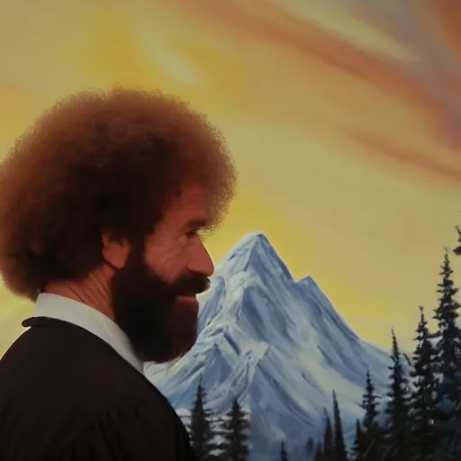 Image similar to a closeup photorealistic photograph of bob ross working on a canvas painting of darth vader. film still. brightly lit scene. mountains and trees. this 4 k hd image is trending on artstation, featured on behance, well - rendered, extra crisp, features intricate detail, epic composition and the style of unreal engine.