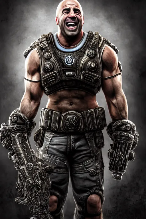 Prompt: Joe Rogan as a muscular Gears of War character laughing, photorealism, half body, HDR ambient background, unreal engine 5, hyperrealistic, highly detailed, XF IQ4, 150MP, 50mm, F1.4, ISO 200, 1/160s, cinematic lights, Adobe Lightroom, photolab, Affinity Photo, PhotoDirector 365, realistic