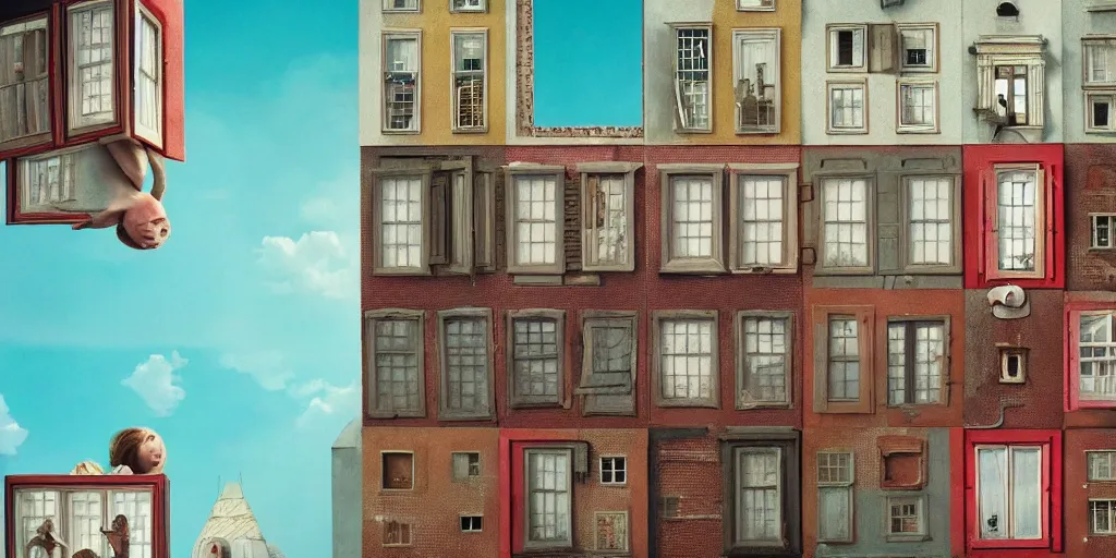 Image similar to a very high resolution image from a new movie, upside - down building, windows, beautiful scenery, photorealistic, photography, directed by wes anderson