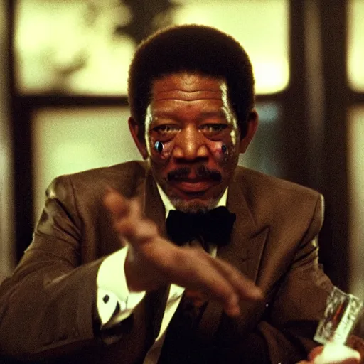 Image similar to a film still of Morgan Freeman dressed as a Pimp in a 1970s Blaxploitation film, 40mm lens, shallow depth of field, split lighting, cinematic