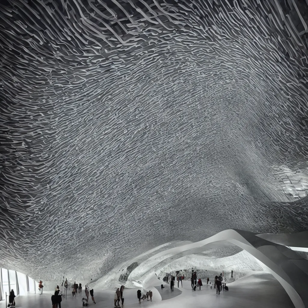 Prompt: “ the interiors of the museum of time designed by zaha hadid and toyo ito, solar punk, clean fluidity architecture ”