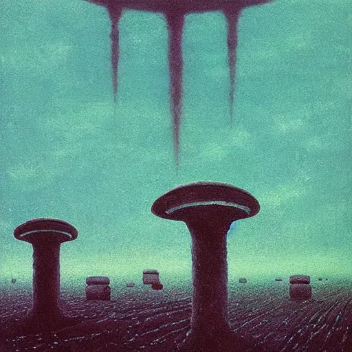 Prompt: “ ufo abduction over a field of tombstones, beksinski ”