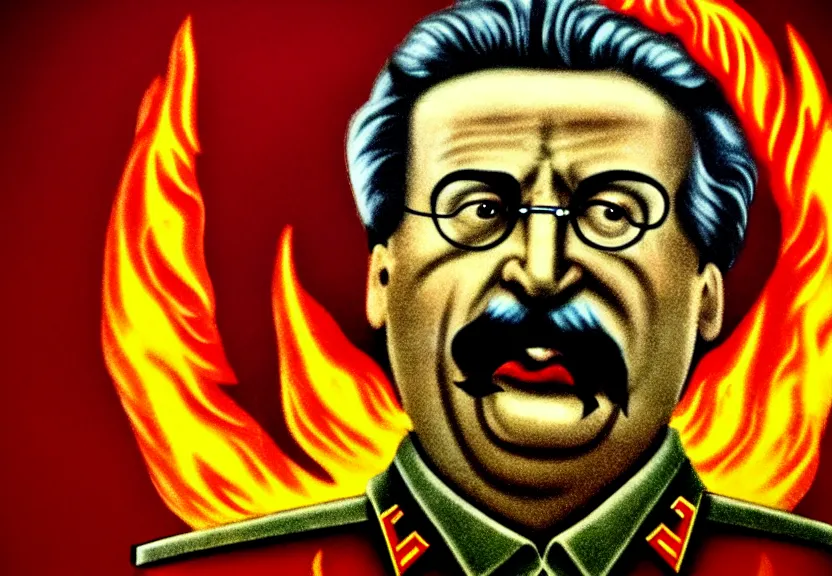 Prompt: mavrodi, stalin killing, stalin eat fresh meat, icon with a halo of fire, scary detailed art in color, 4 k